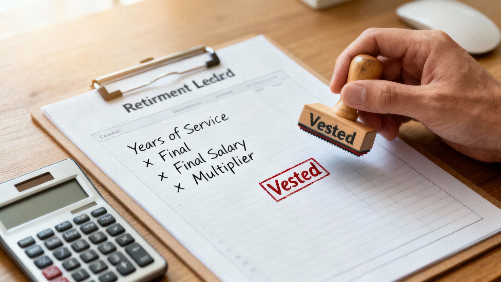 A hand stamps 'Vested' on a retirement ledger document listing pension calculation factors, next to a calculator. A hand stamps 'Vested' on a retirement ledger document listing pension calculation factors, next to a calculator.