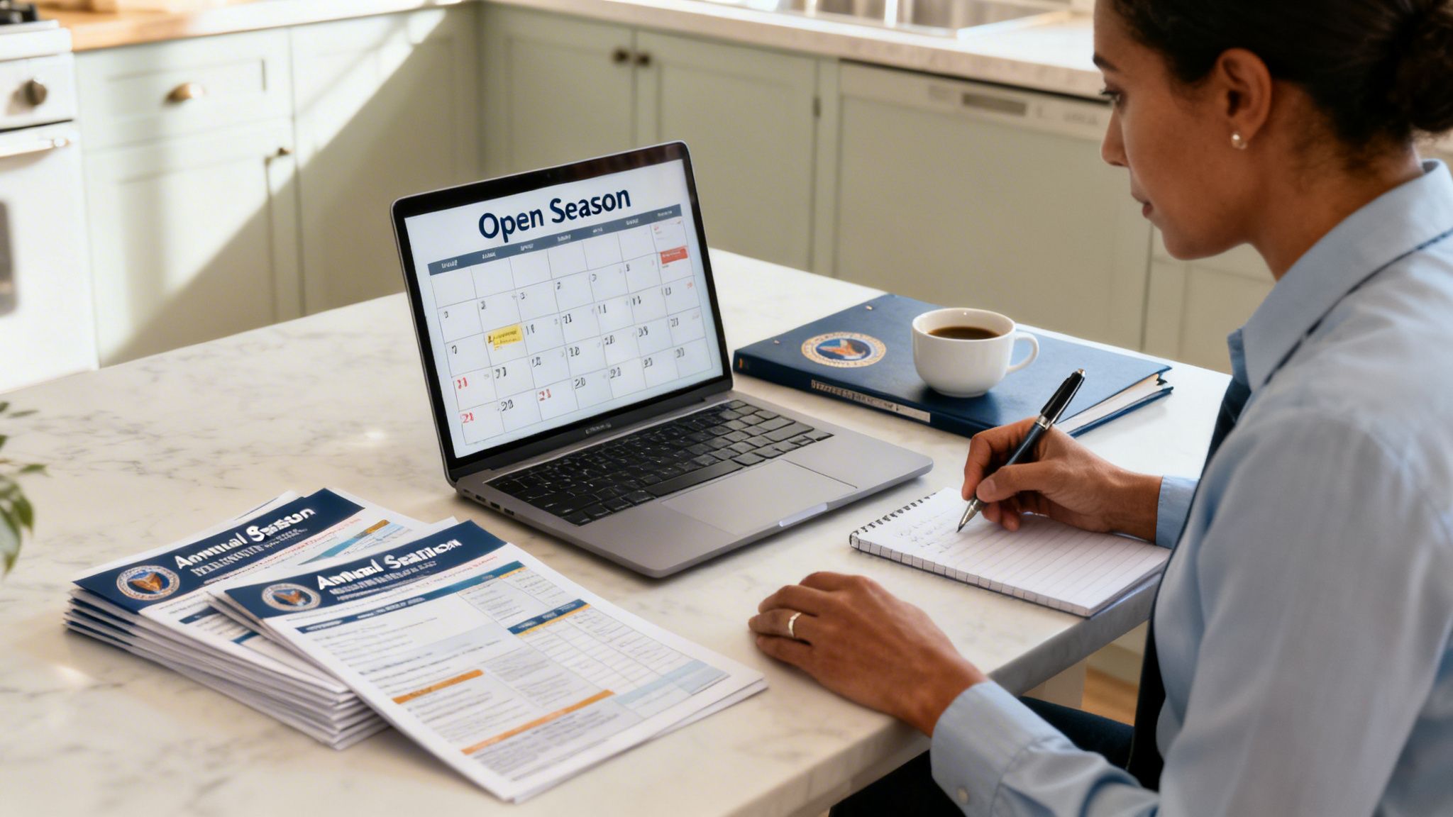Person writing notes while reviewing an "Open Season" calendar on a laptop, with federal benefit documents.
