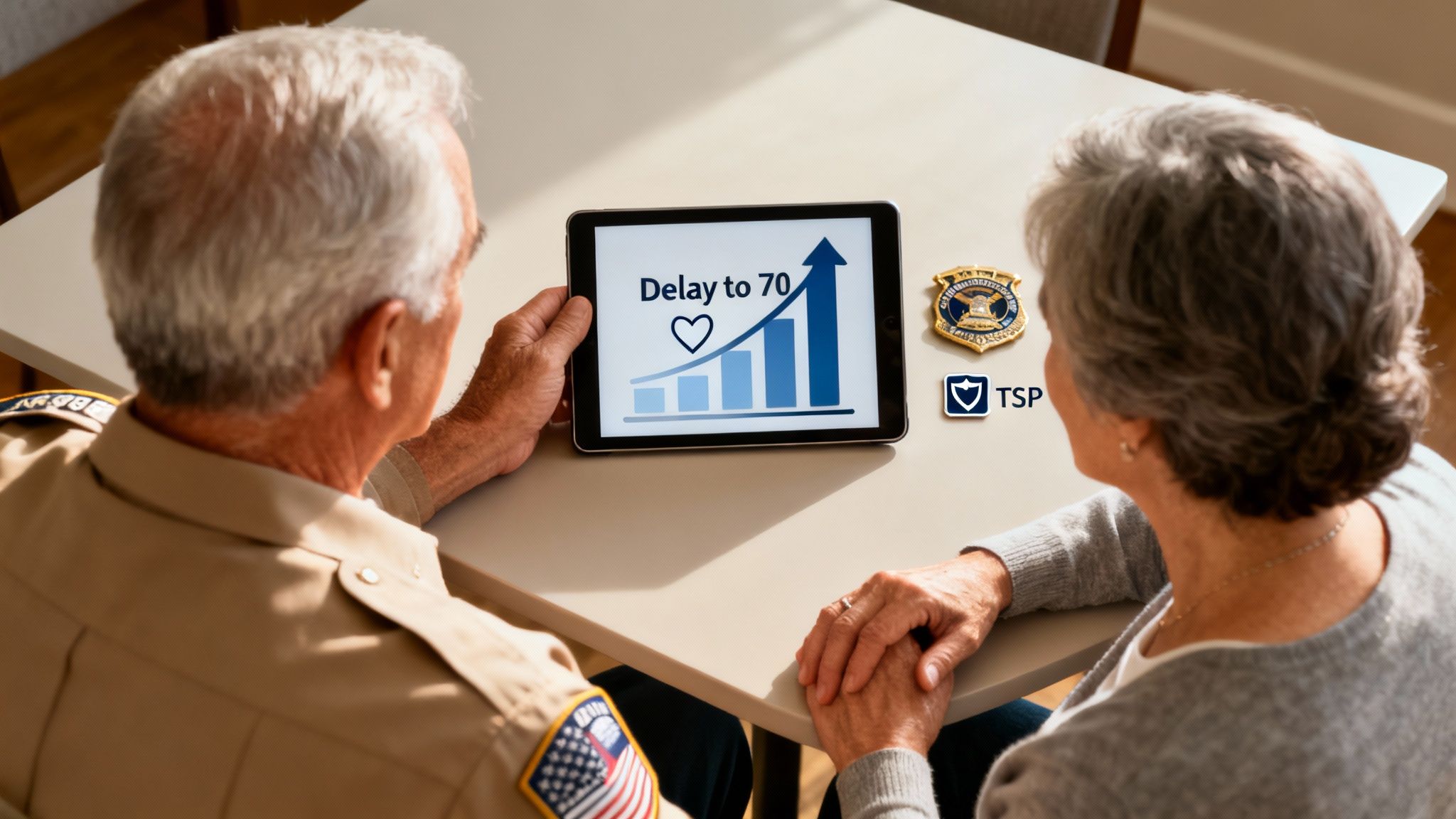 An elderly couple reviews a tablet showing a graph with 'Delay to 70' and retirement planning logos. An elderly couple reviews a tablet showing a graph with 'Delay to 70' and retirement planning logos.
