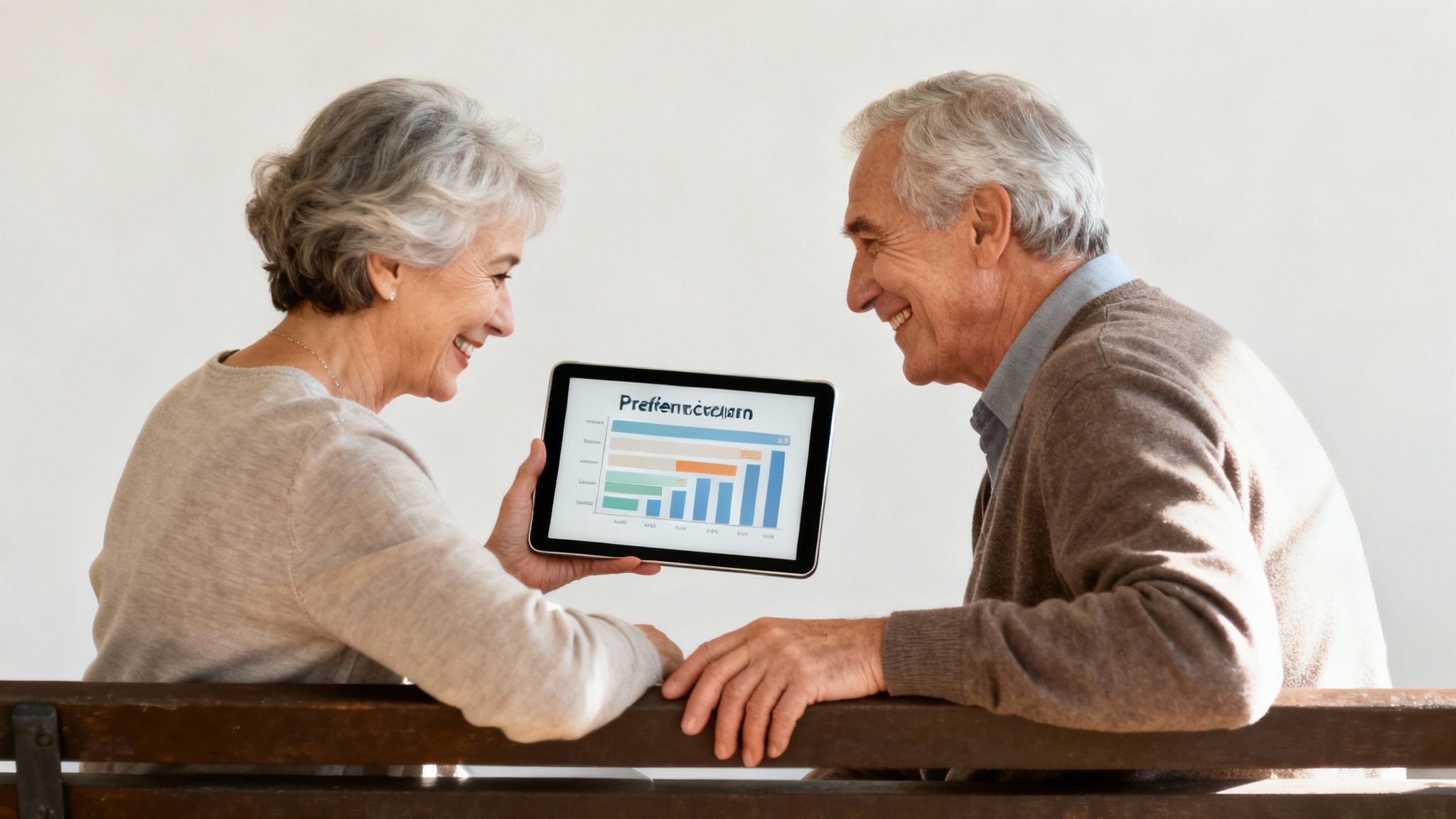 A mature couple planning their retirement finances together at a desk.