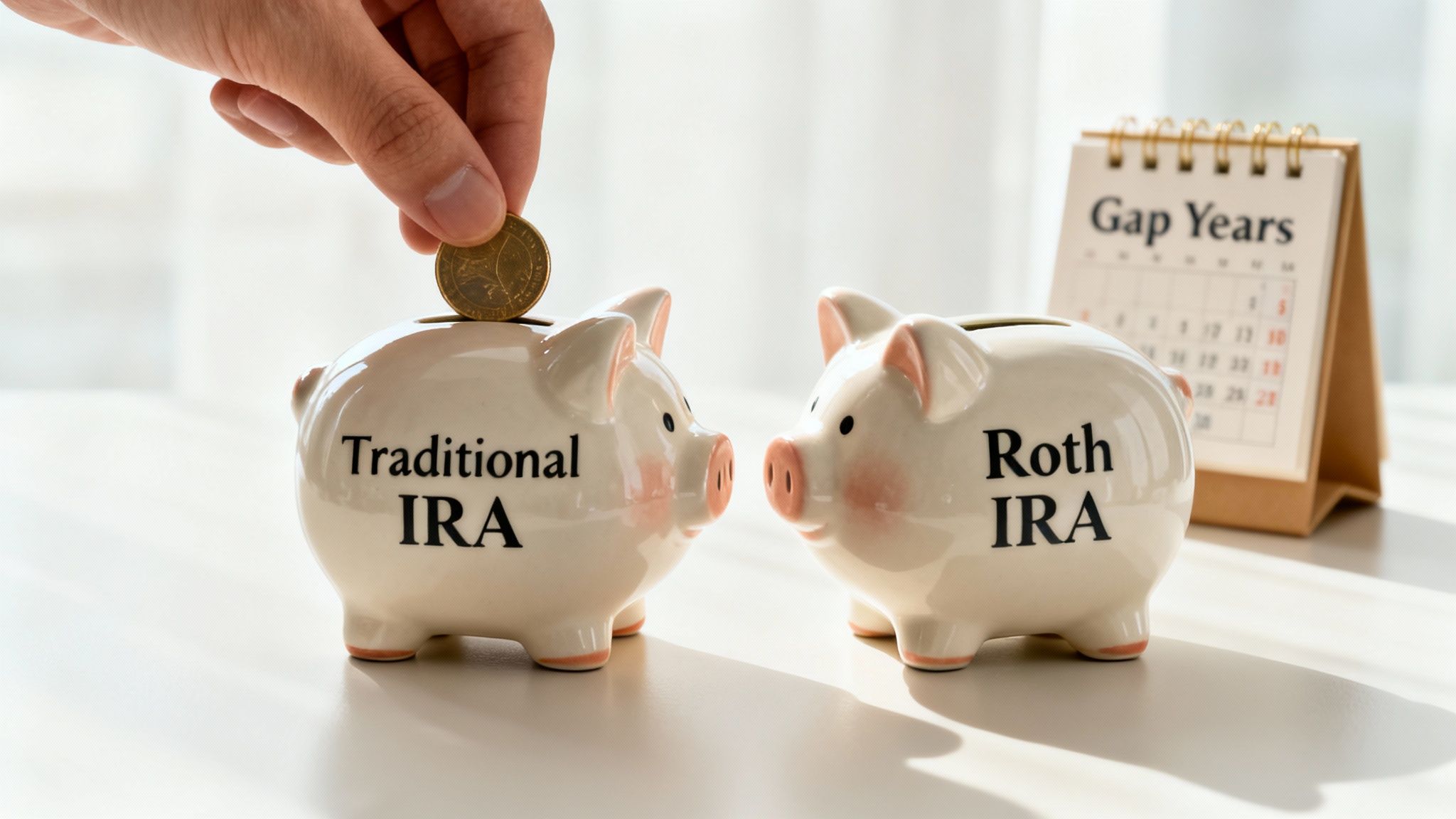 A hand puts a coin into a 'Traditional IRA' piggy bank, next to a 'Roth IRA' piggy bank and a 'Gap Years' calendar.