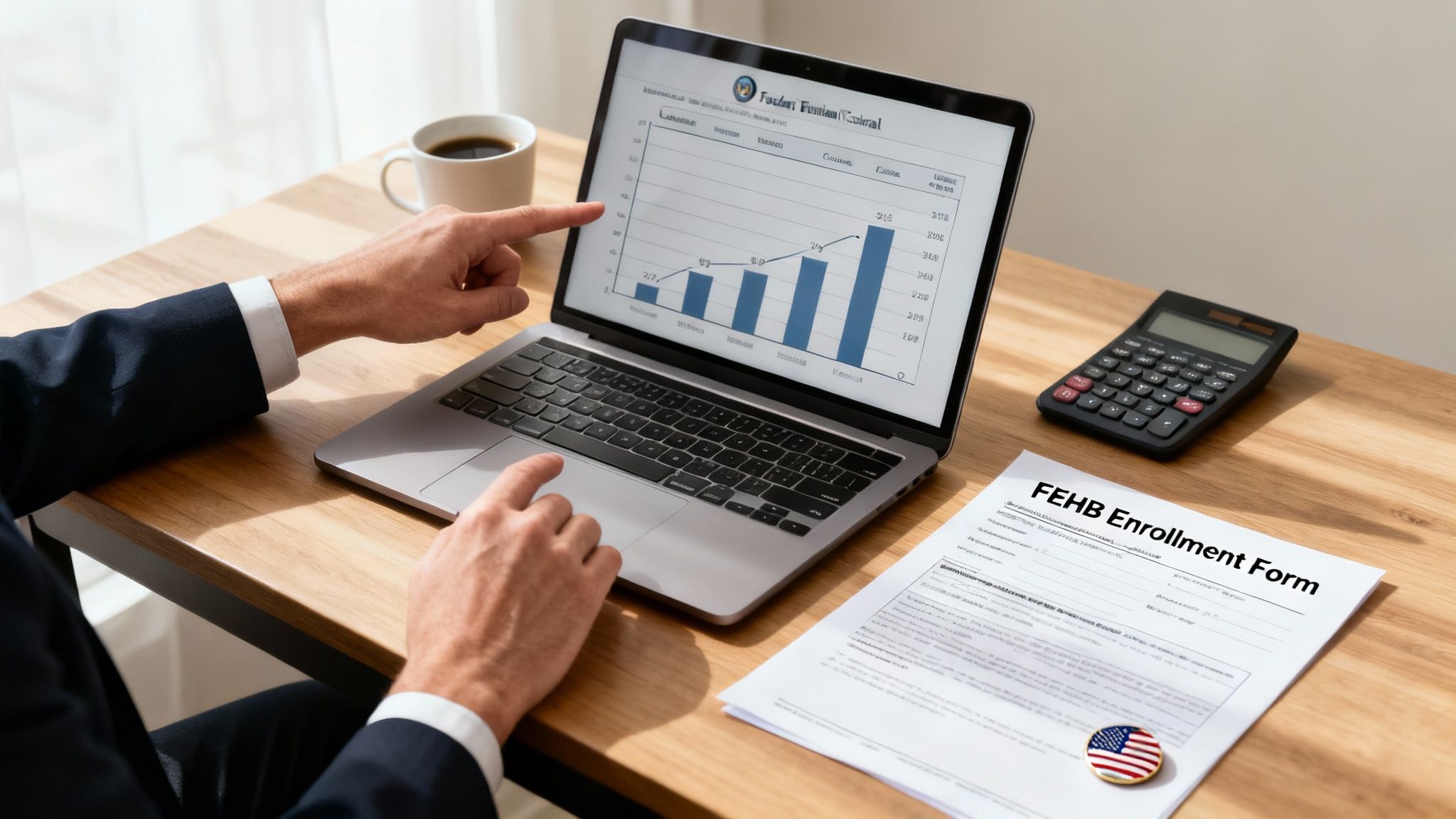A person reviews a bar chart on a laptop, with a calculator and FEHB Enrollment Form nearby.