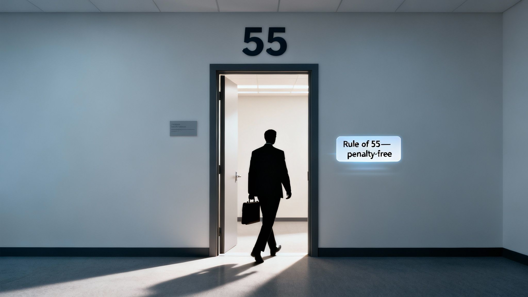 A businessman walks through a door labeled 55, next to a glowing sign 'Rule of 55—penalty-free'.
