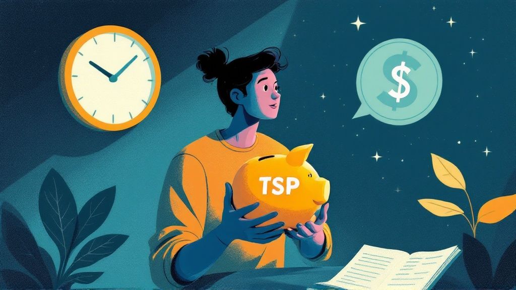A magnifying glass hovering over a piggy bank, symbolizing the scrutiny and costs involved in an early TSP withdrawal.