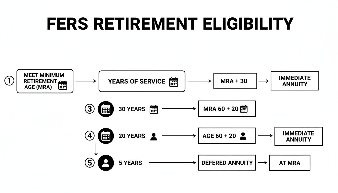Flowchart detailing FERS Retirement Eligibility based on minimum retirement age and years of service.