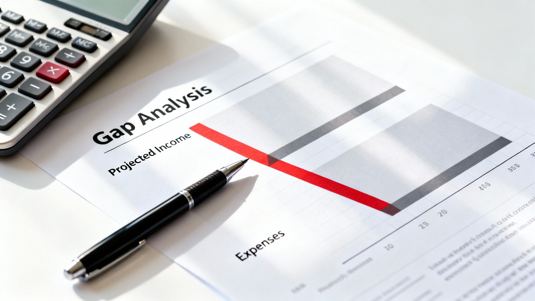 A calculator and pen resting on a financial 'Gap Analysis' document displaying income and expenses.