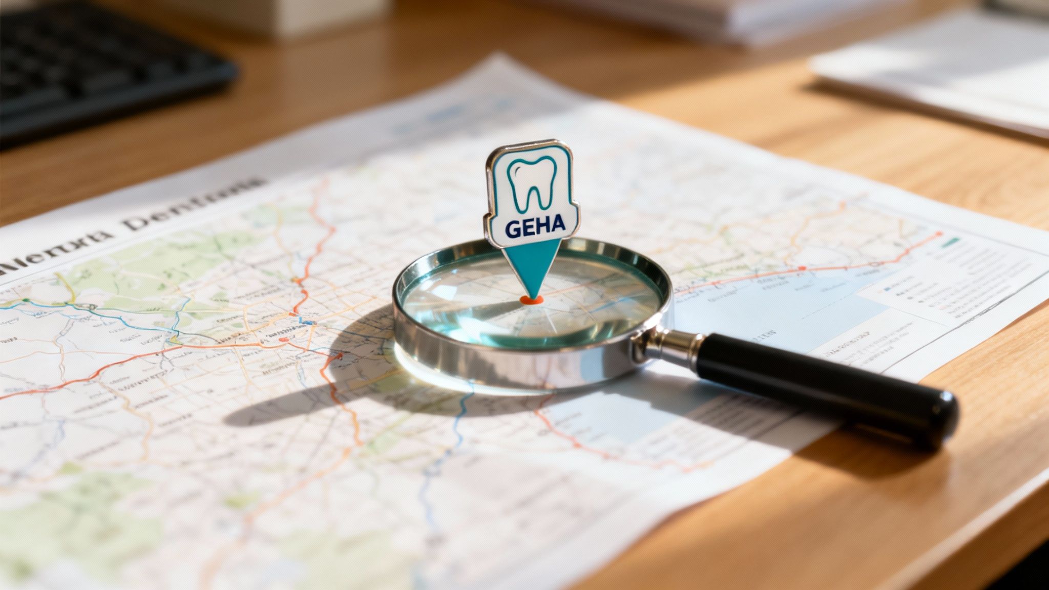 A GEHA dental provider pin on a map, magnified by a glass, indicating a search. A GEHA dental provider pin on a map, magnified by a glass, indicating a search.
