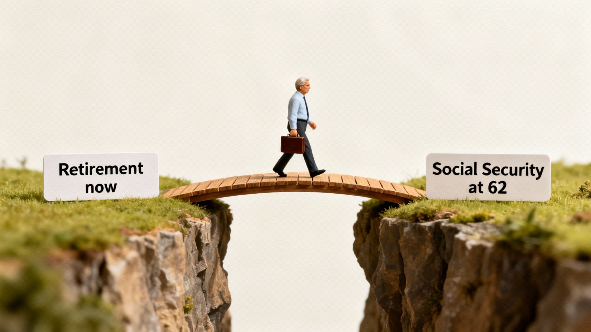 A miniature man with a briefcase walks across a bridge between 'Retirement now' and 'Social Security at 62' signs.