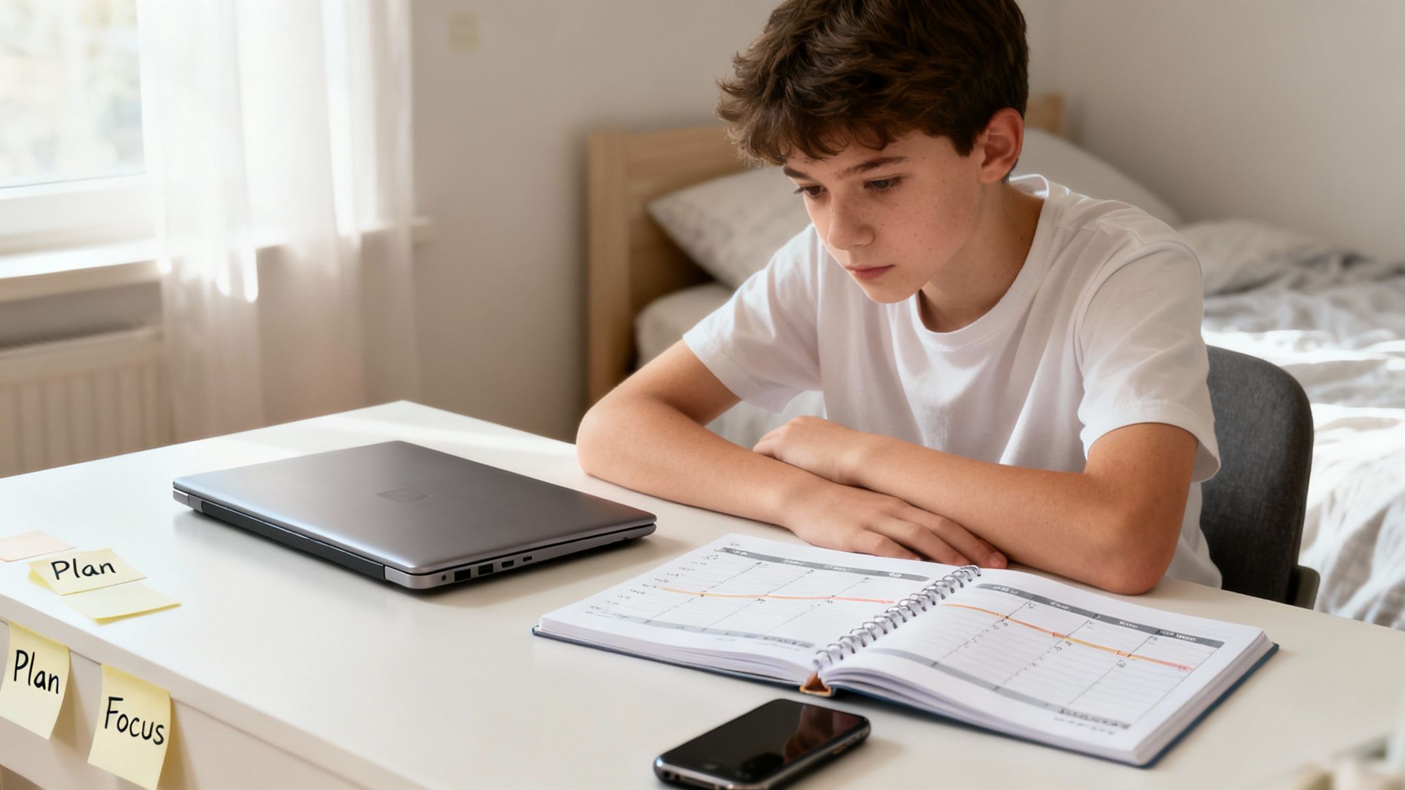 A boy focuses on his planner at a desk with a laptop and sticky notes labeled 'Plan' and 'Focus'.