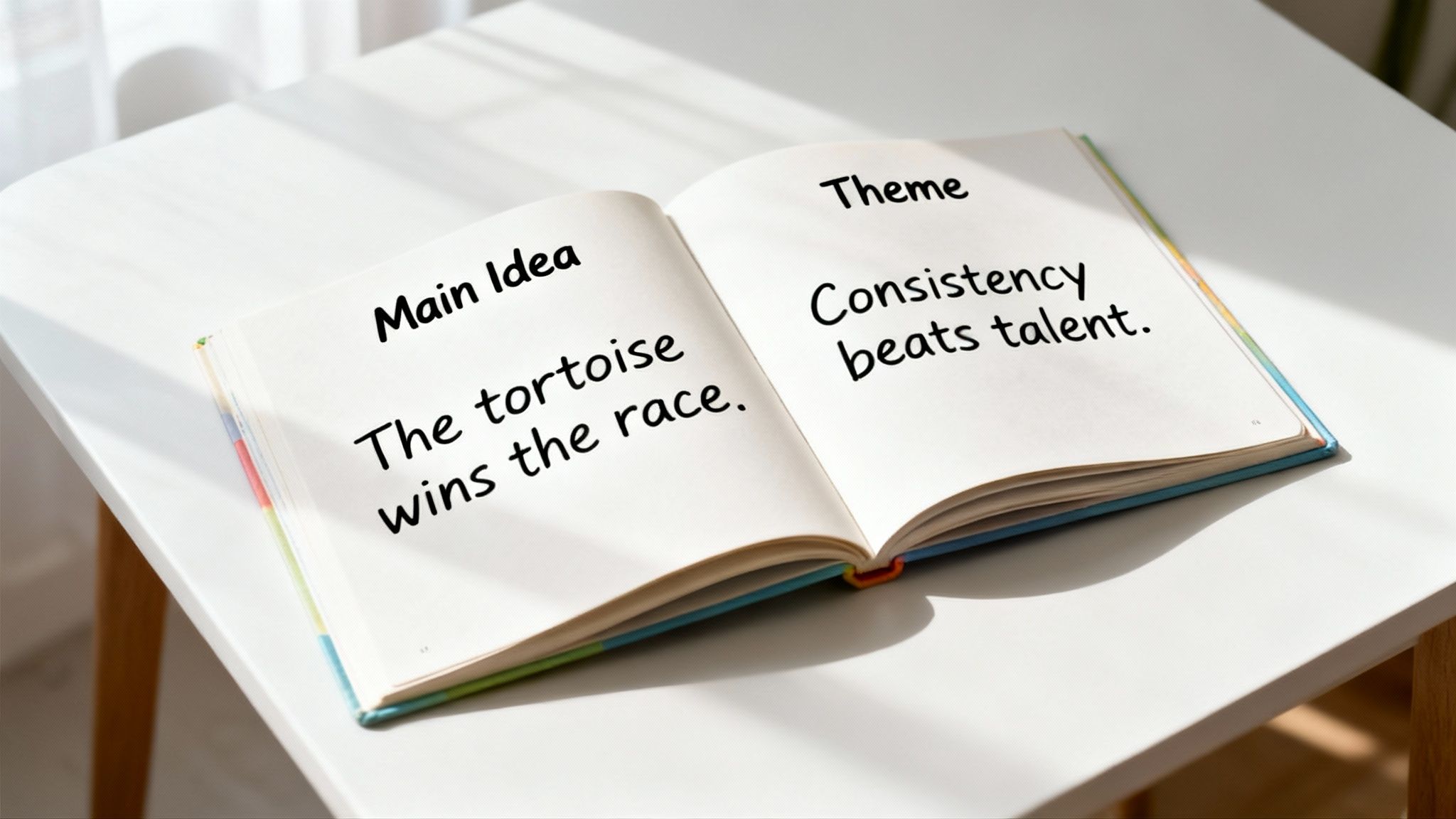 An open book on a white table shows 'Main Idea: The tortoise wins the race' and 'Theme: Consistency beats talent'.