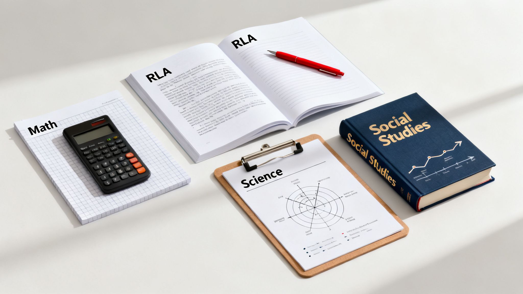 Flat lay of various study materials for GED test, including books, calculator, notepad, and clipboard.
