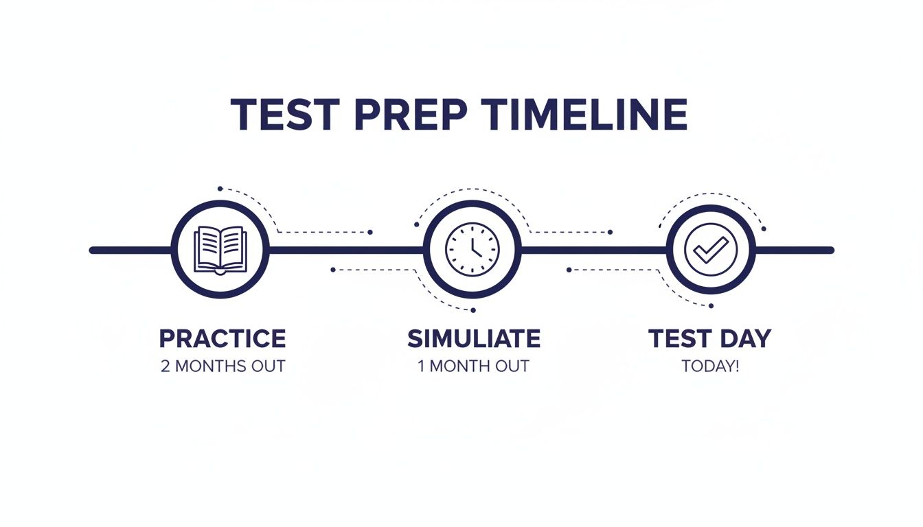 A visual timeline illustrating test preparation steps: Practice (2 months out), Simulate (1 month out), and Test Day (Today!).