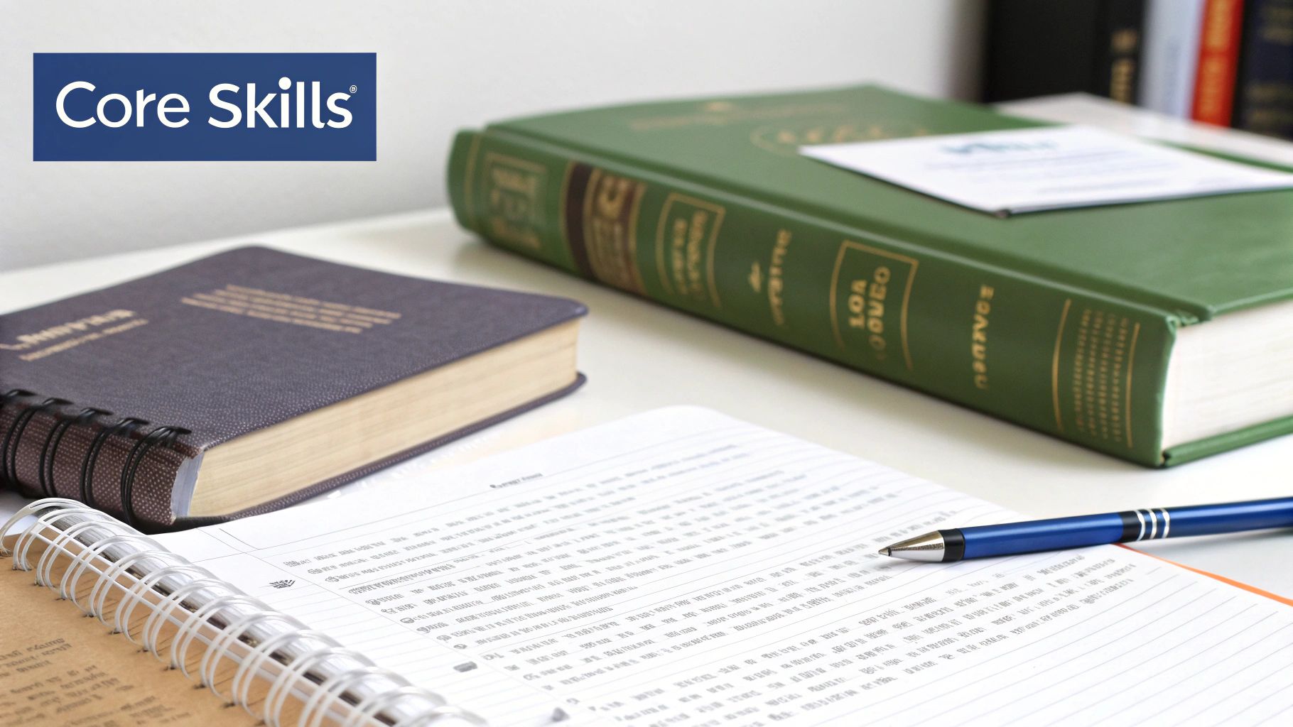 A desk with books, notebooks, and a pen, featuring the 'Core Skills' logo, for studying.