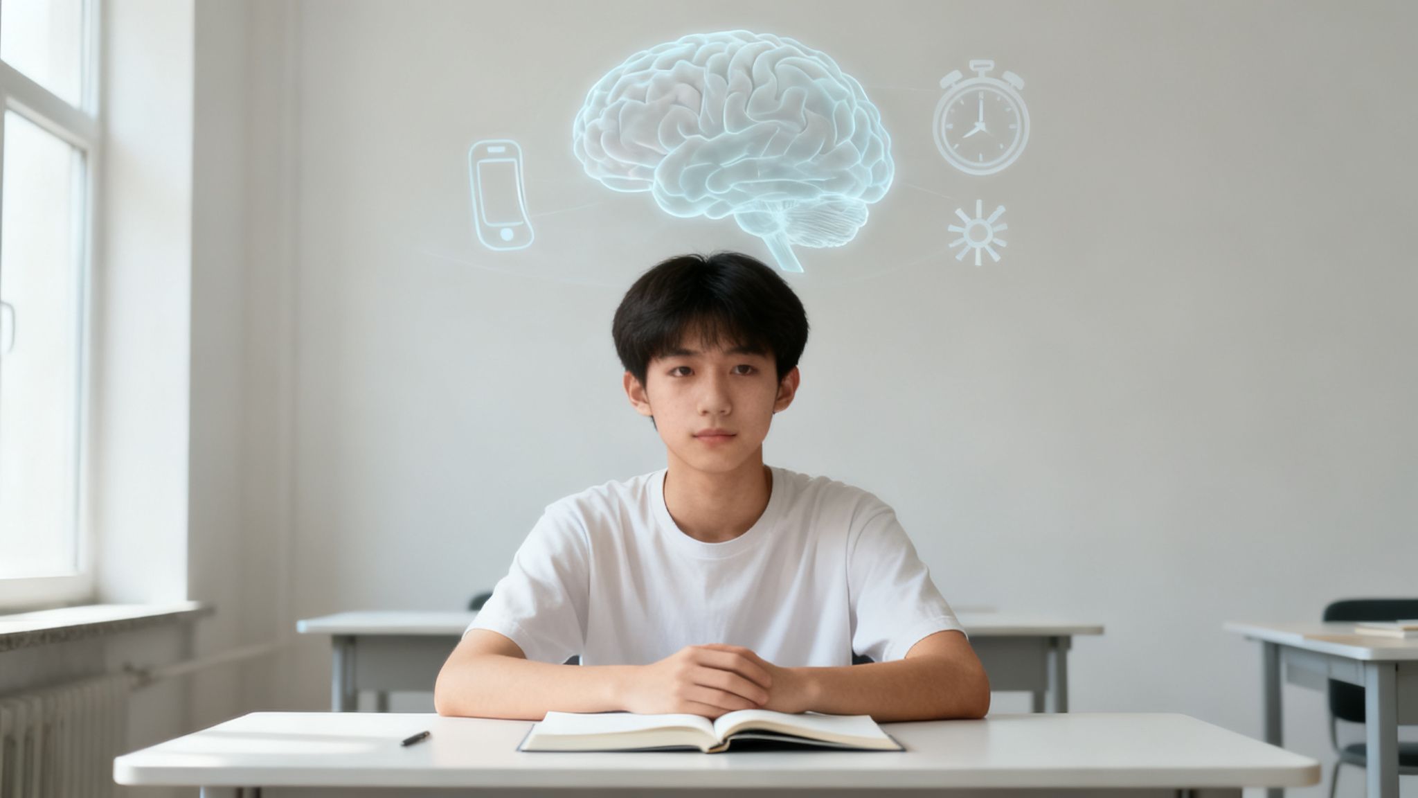 A young student sits at a desk with an open book, a glowing brain hologram and thought icons above him.
