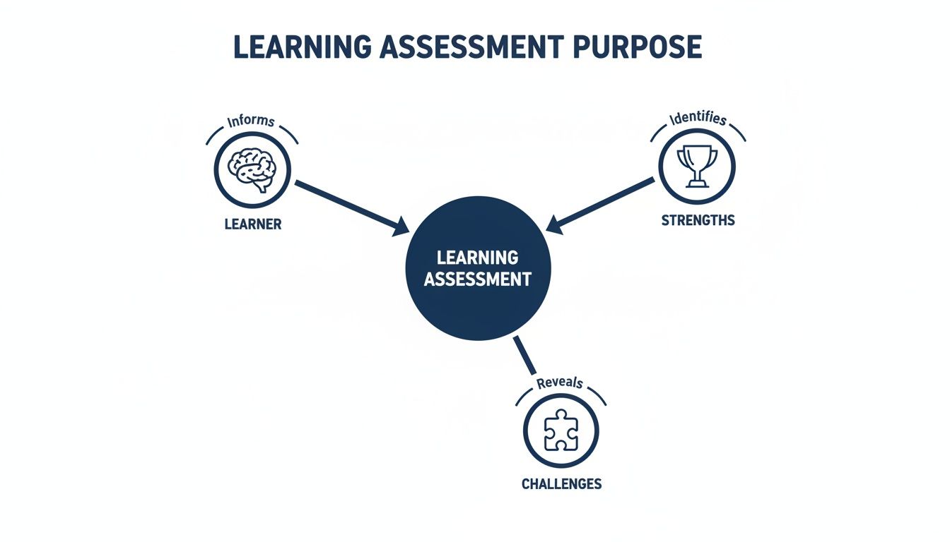Diagram showing the purpose of learning assessment: it informs learners, identifies strengths, and reveals challenges.
