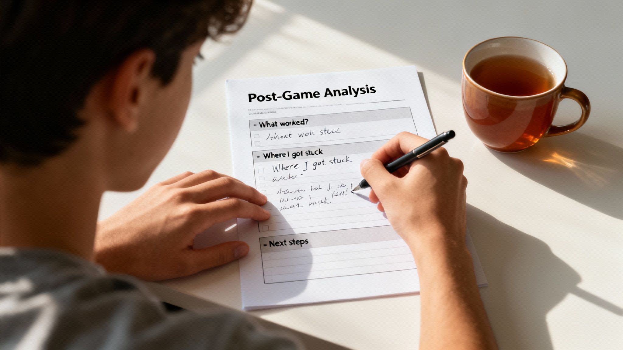 Young person writing on a 'Post-Game Analysis' sheet, reflecting on performance with a pen and a cup of tea.