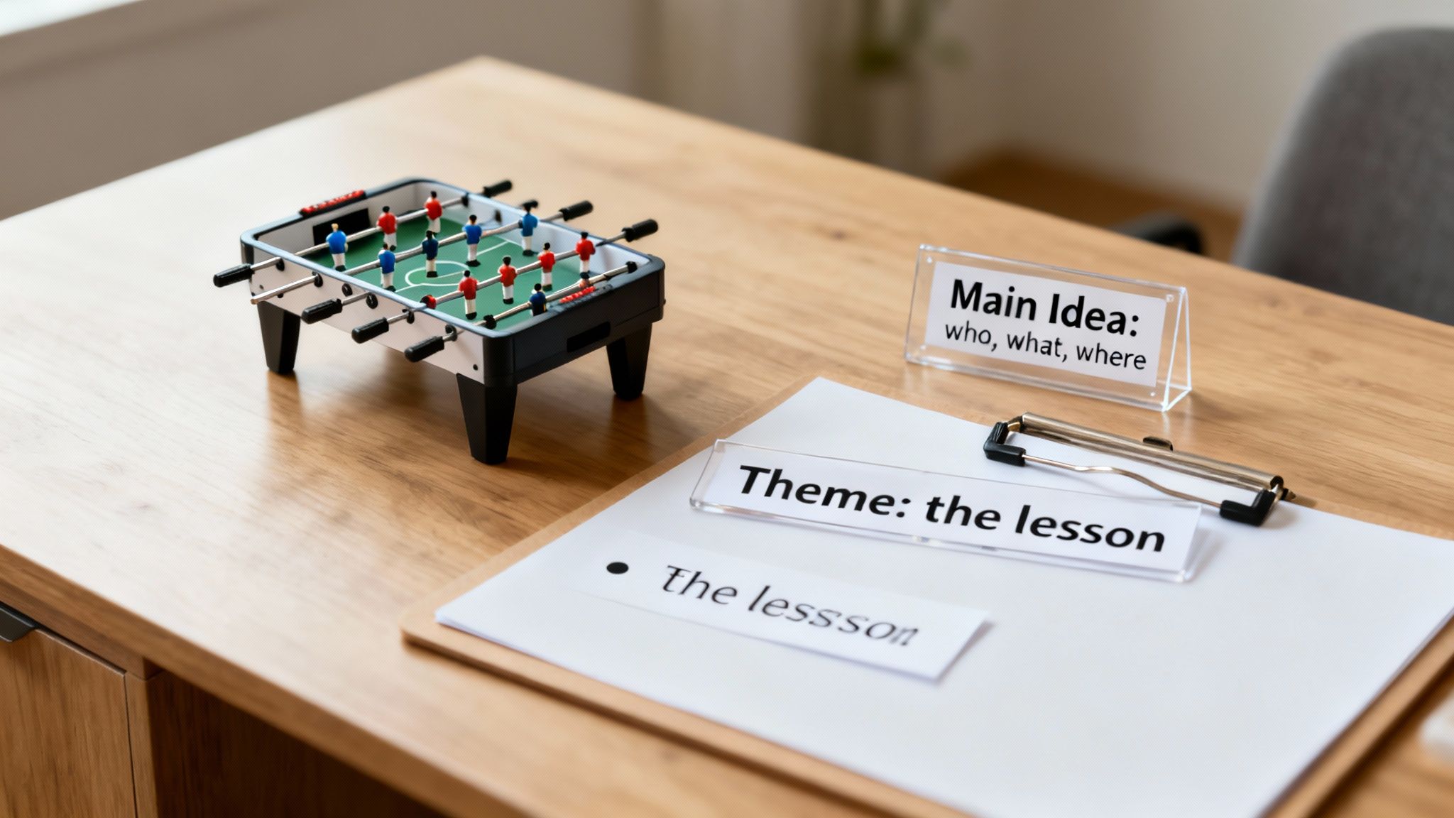 A desk with a mini foosball table and signs explaining 'Main Idea' and 'Theme' concepts.
