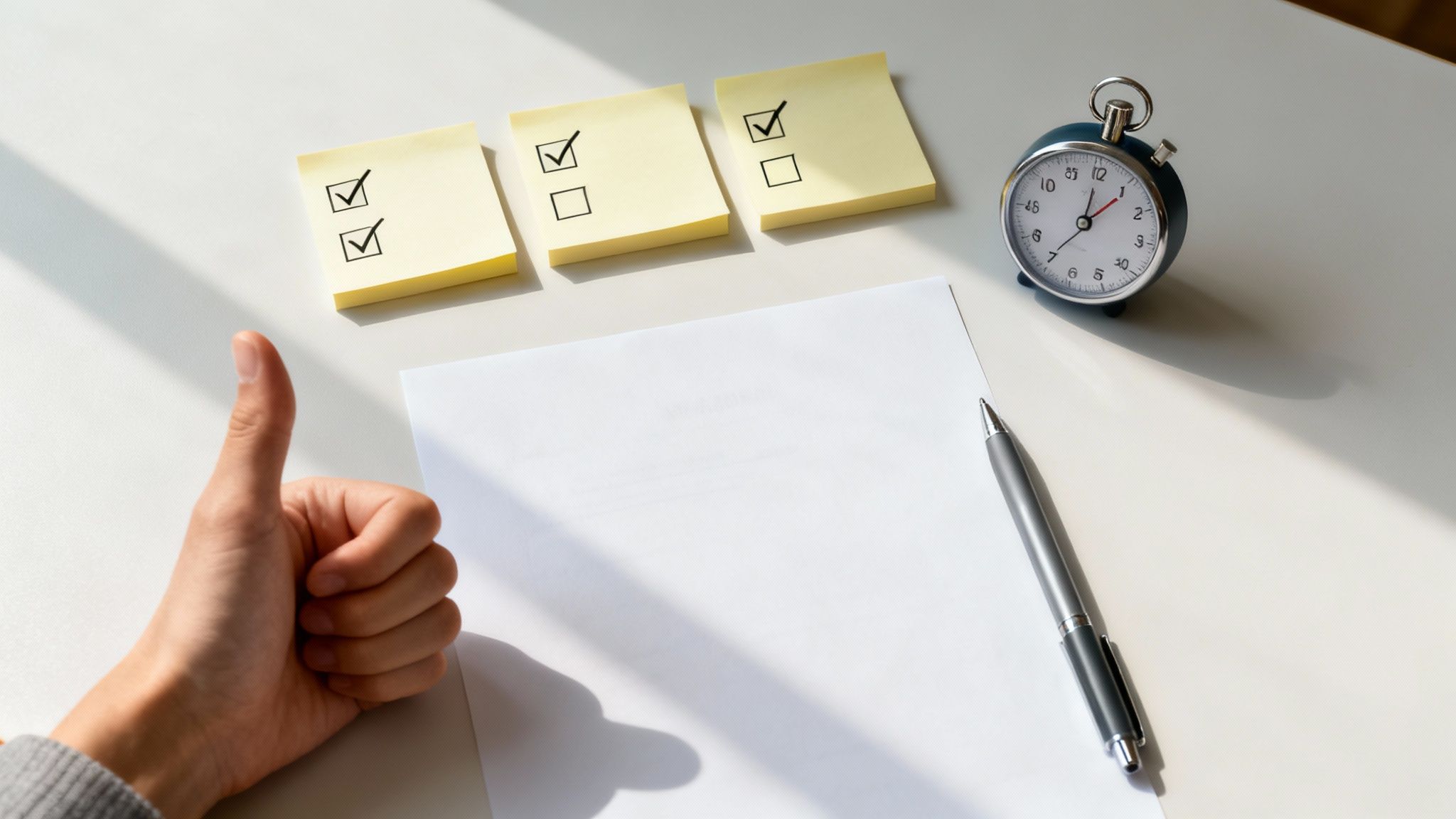 Desk setup with sticky notes showing completed tasks, an alarm clock, pen, paper, and thumbs-up hand.
