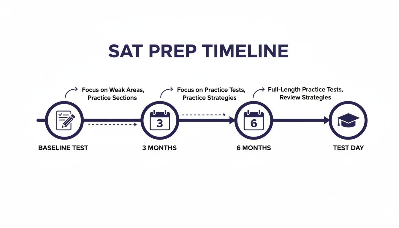 SAT prep timeline showing steps from baseline test to test day, highlighting key preparation phases.