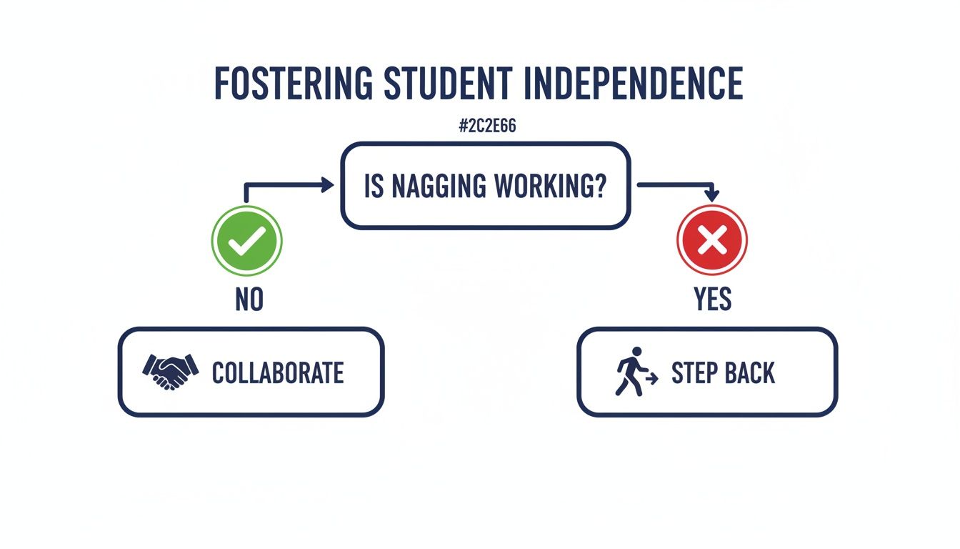 A flowchart illustrating how to foster student independence by evaluating the effectiveness of nagging.