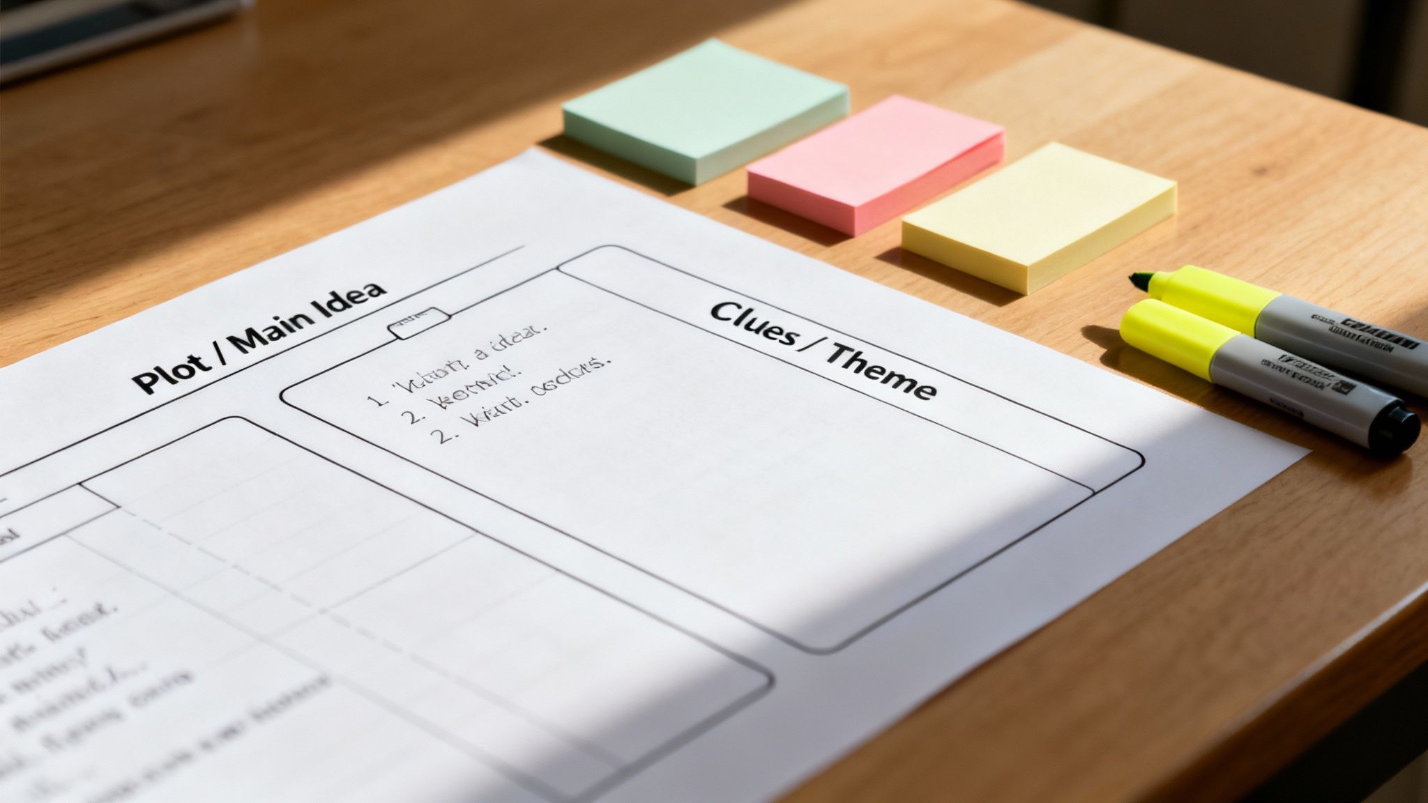 A worksheet titled 'Plot / Main Idea' and 'Clues / Theme' with sticky notes and highlighters on a wooden desk.