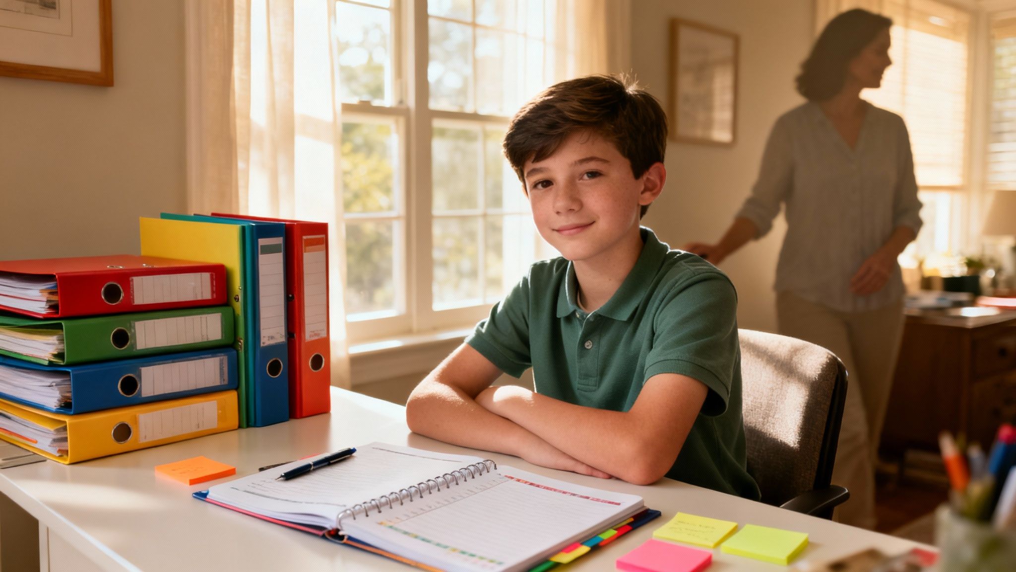 A smiling middle school boy studies at his desk with colorful binders and an open notebook.