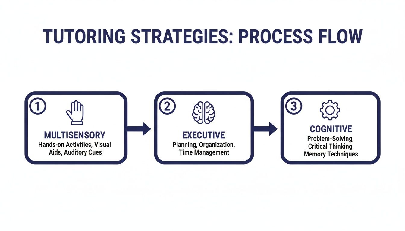 A process flow diagram illustrates three tutoring strategies: Multisensory, Executive, and Cognitive techniques.