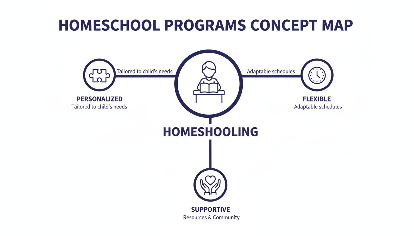 A concept map showing homeschooling programs are personalized, flexible, and supportive with resources.