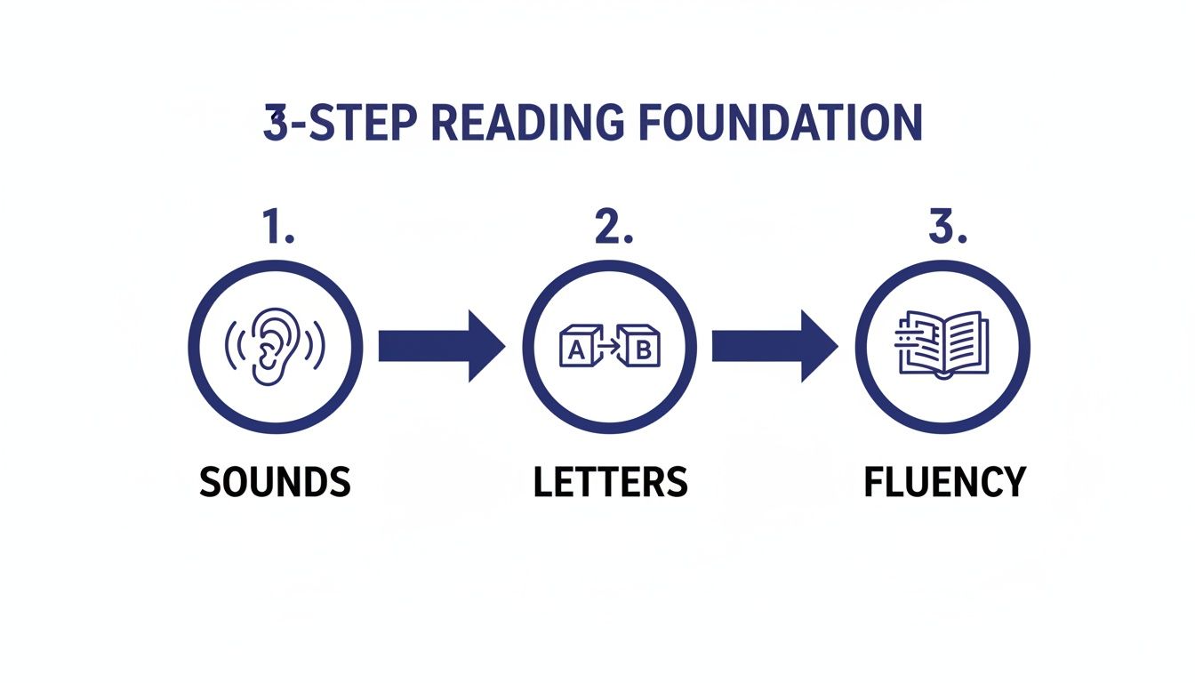 A diagram illustrates the 3-step reading foundation: Sounds, Letters, and Fluency, with arrows connecting them.