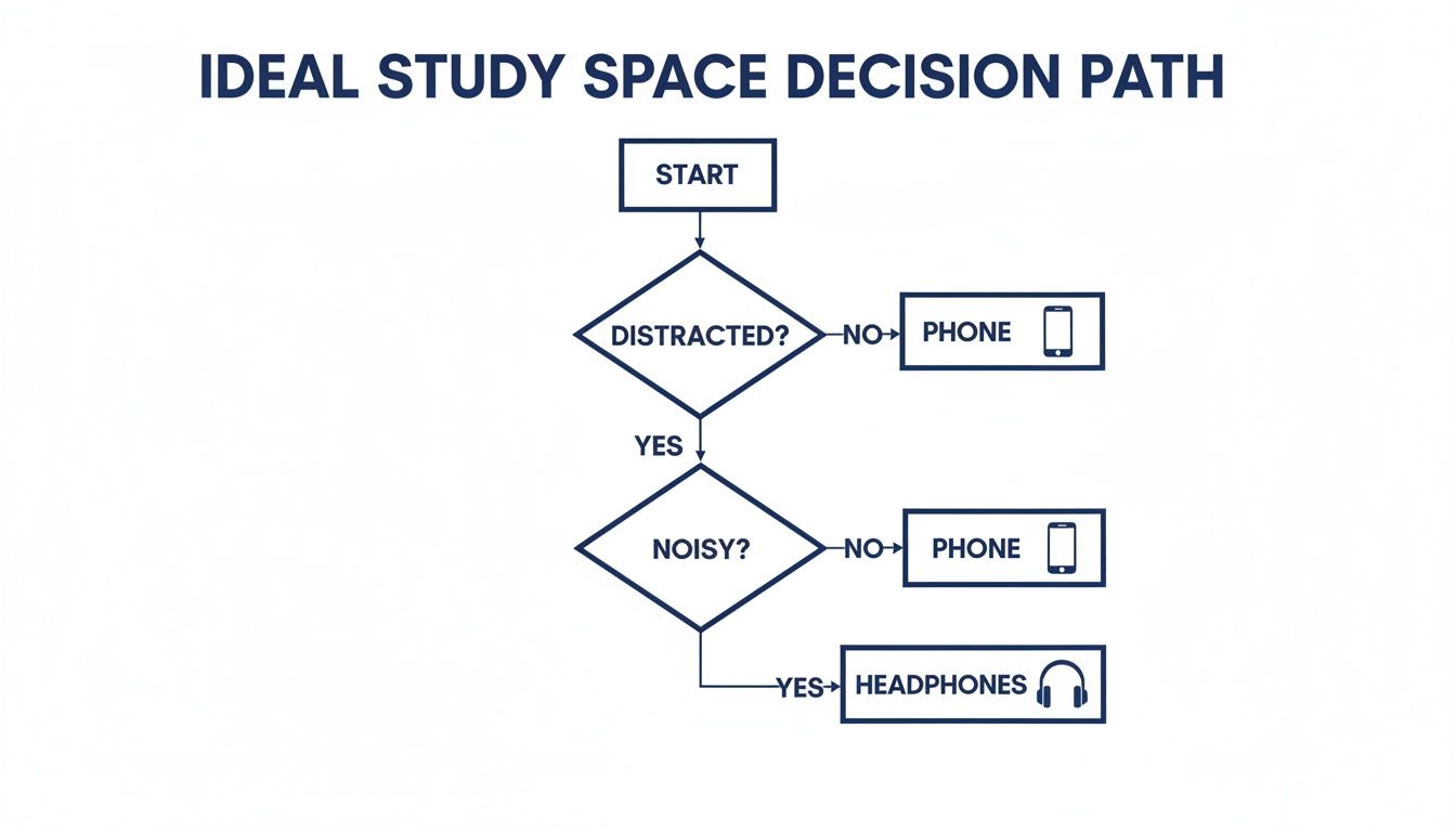 A flowchart outlining an ideal study space decision path for managing distractions and noise effectively.