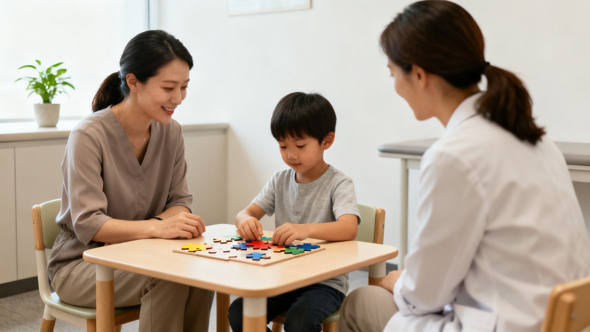 A young boy plays a colorful puzzle with two women, likely a parent and a therapist.