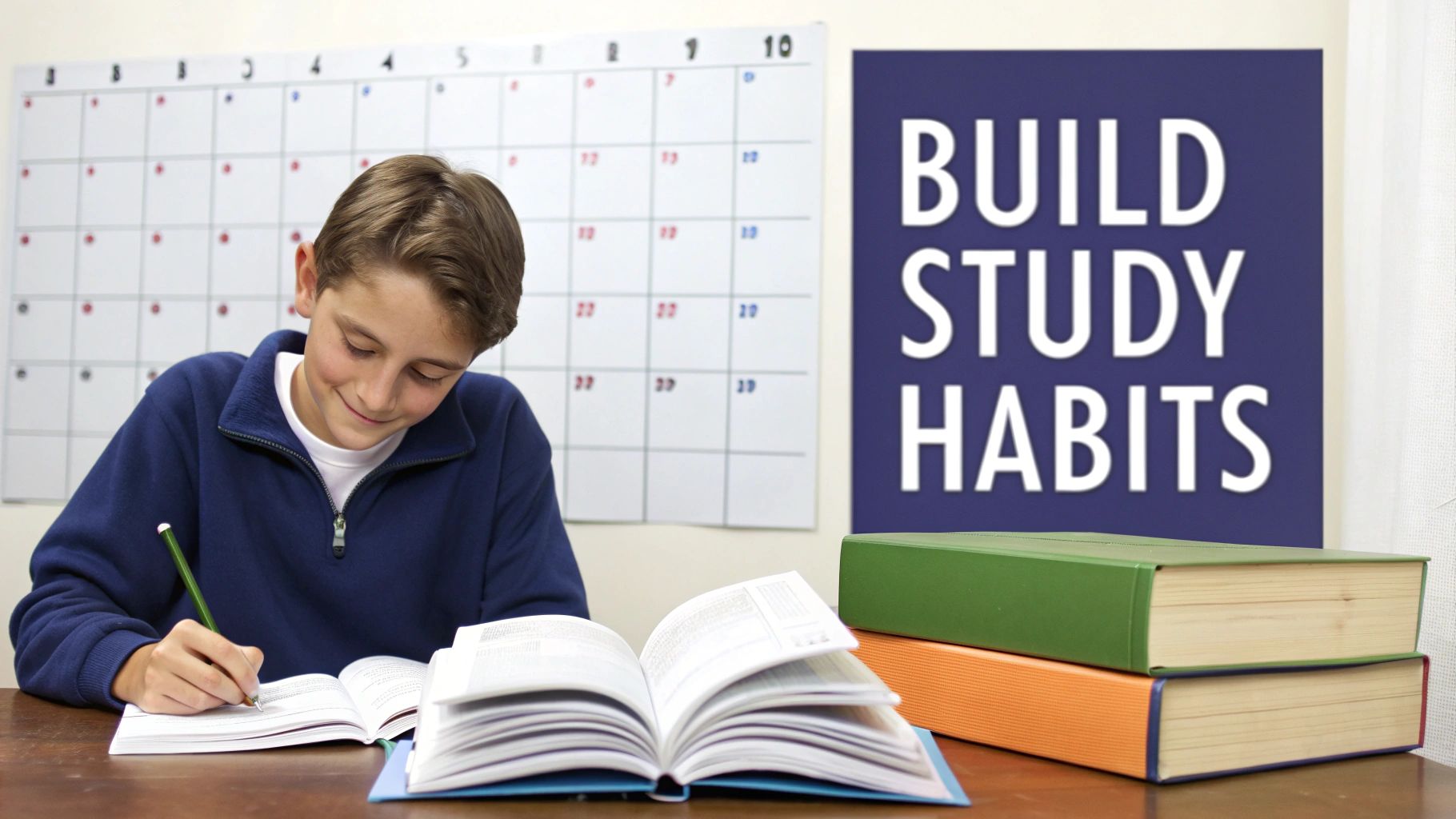 A smiling middle school boy builds study habits, writing in a notebook at his desk.