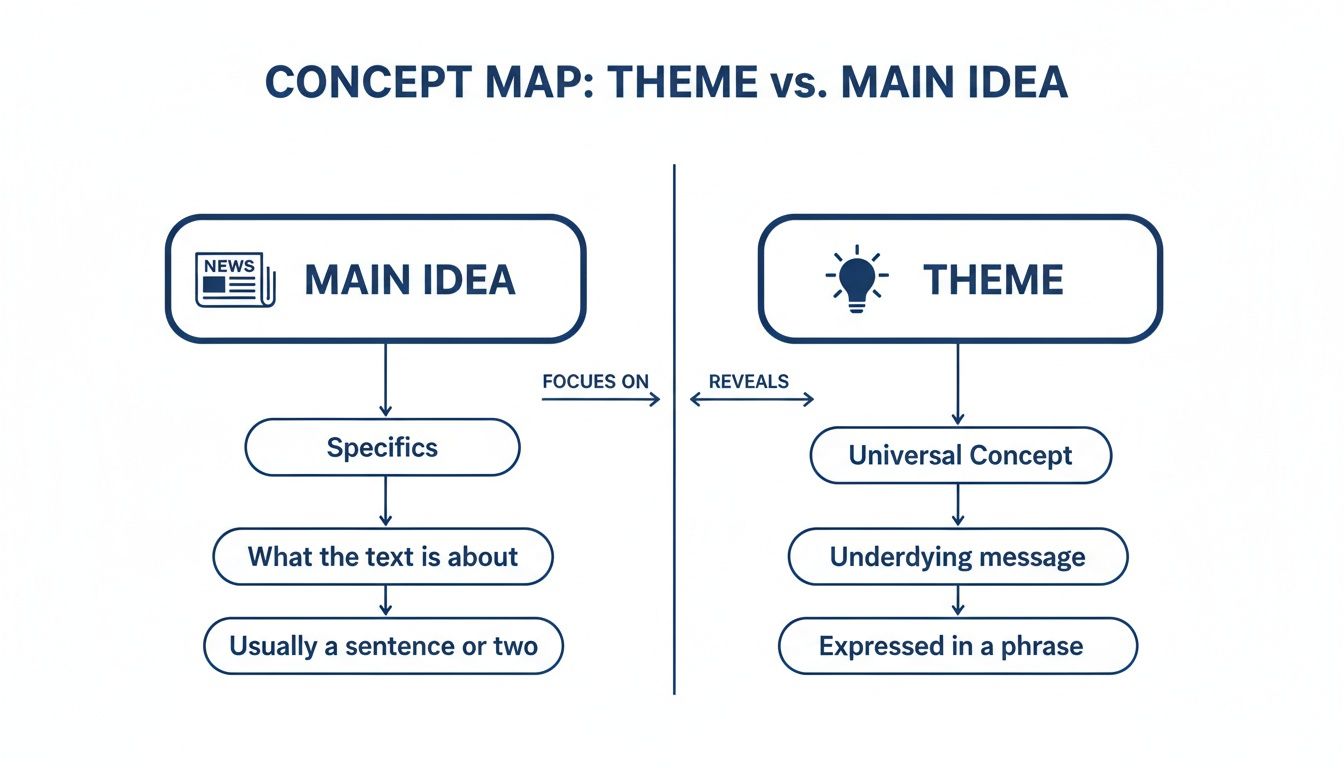 A concept map comparing theme and main idea, detailing their definitions and characteristics for understanding.