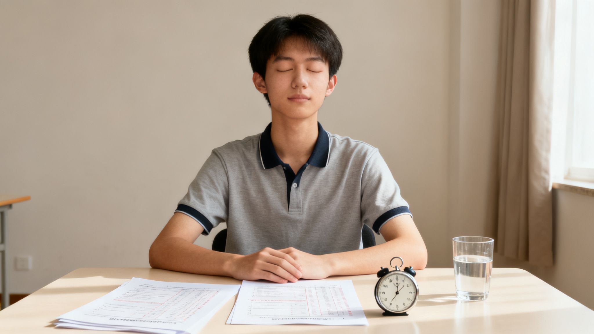 A young man with eyes closed, meditating at a desk with test papers, an alarm clock, and water.