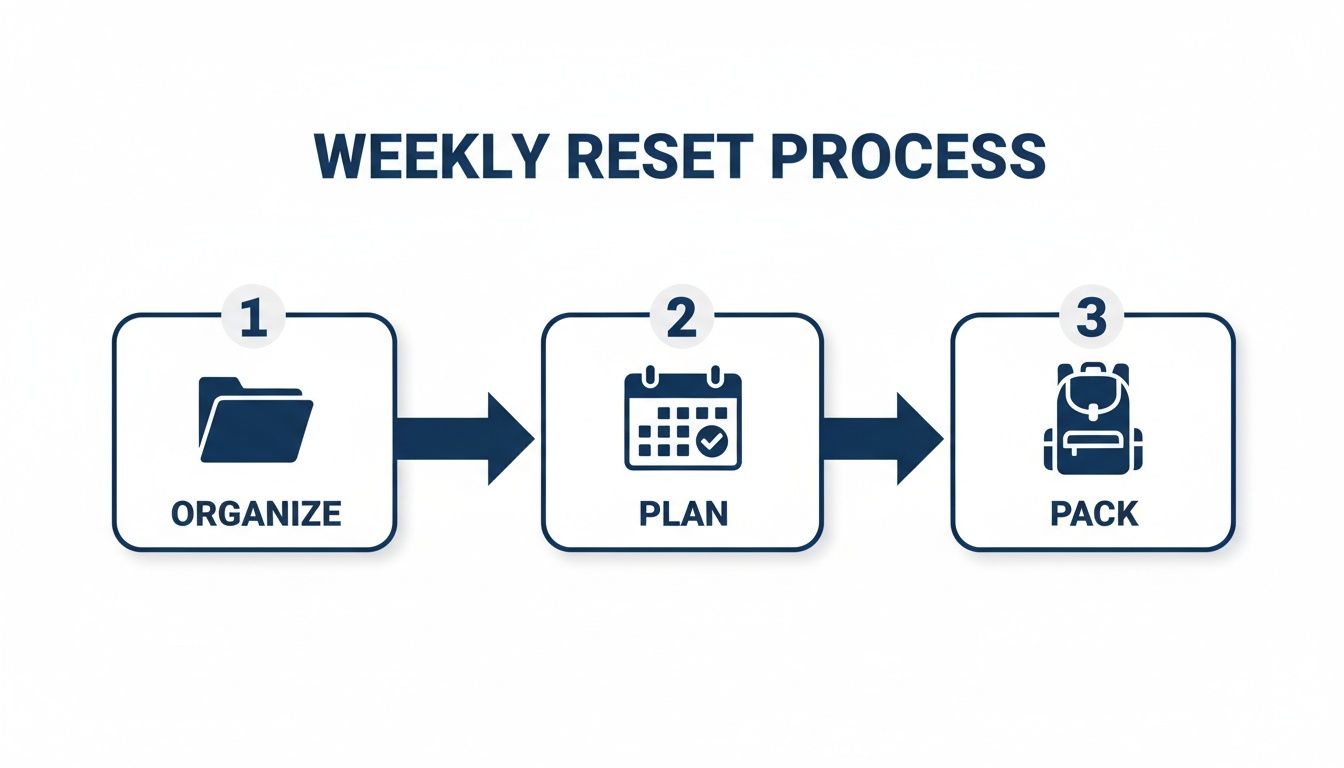 An infographic illustrating a three-step weekly reset process: Organize (folder icon), Plan (calendar icon), and Pack (backpack icon).