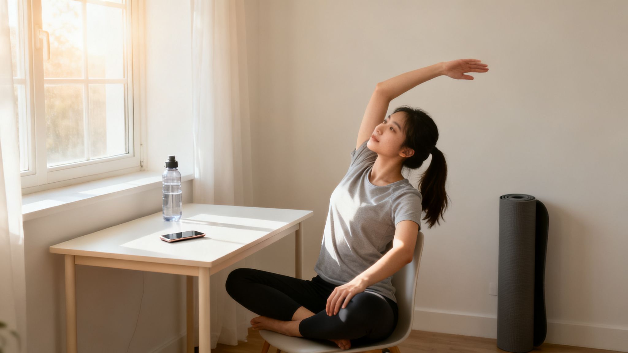Young woman doing a seated side stretch on a chair in a bright, minimalist room.