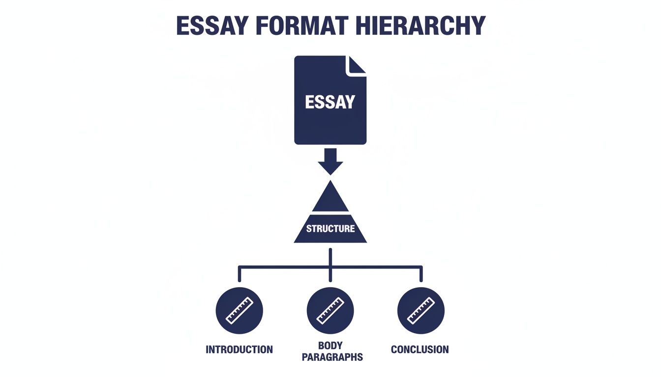 Hierarchy diagram showing essay format, breaking it down into structure: introduction, body paragraphs, conclusion.