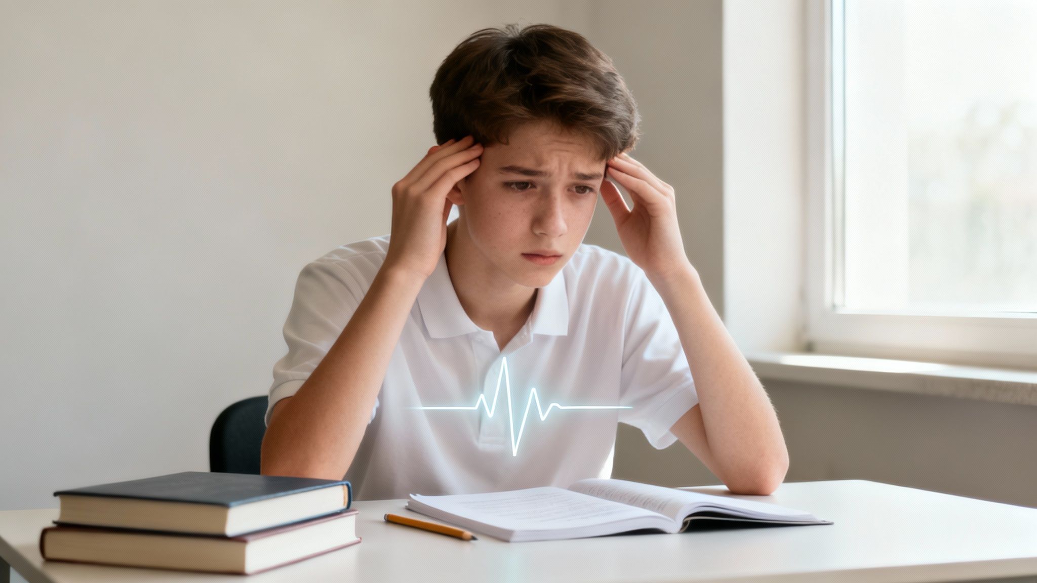 A distressed male student holding his head while studying, with a glowing heart rate graphic.