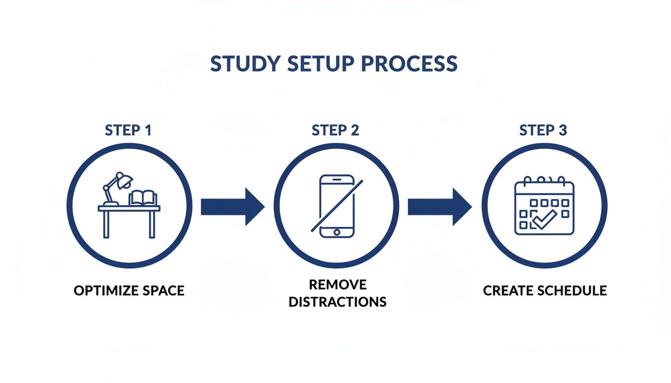 Infographic showing a three-step study setup process to optimize space, remove distractions, and create a schedule.