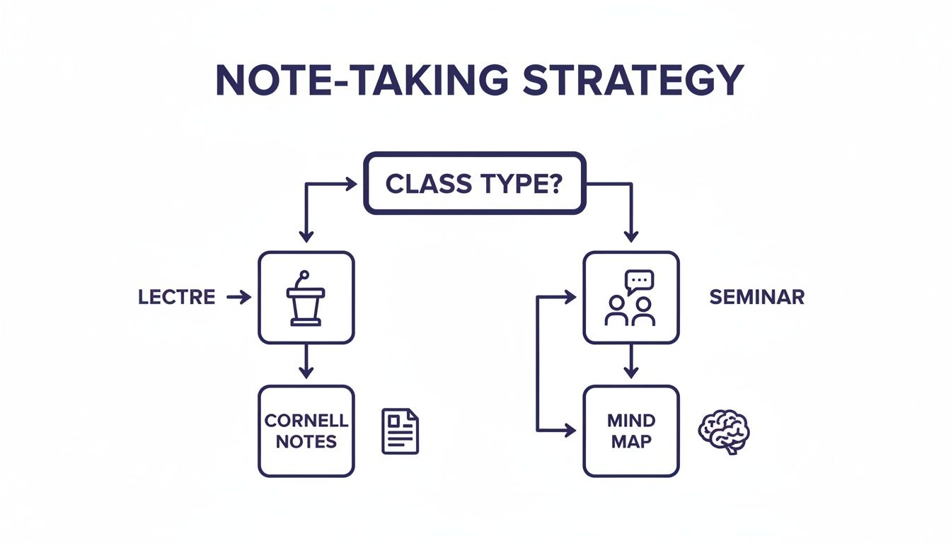 Flowchart illustrating a note-taking strategy: lectures use Cornell Notes, seminars use Mind Maps.