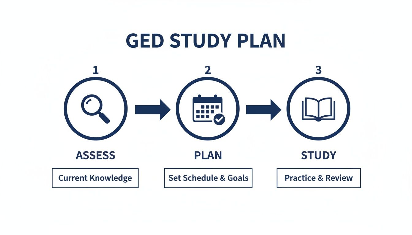 A three-step GED study plan infographic showing Assess, Plan, and Study with descriptive icons.