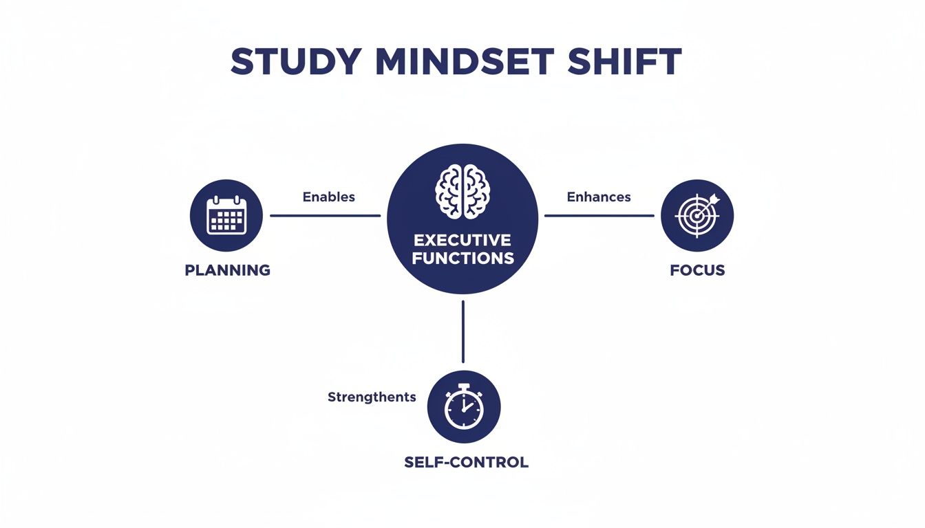 Diagram illustrating a study mindset shift, where Planning enables, Focus enhances, and Self-control strengthens Executive Functions.