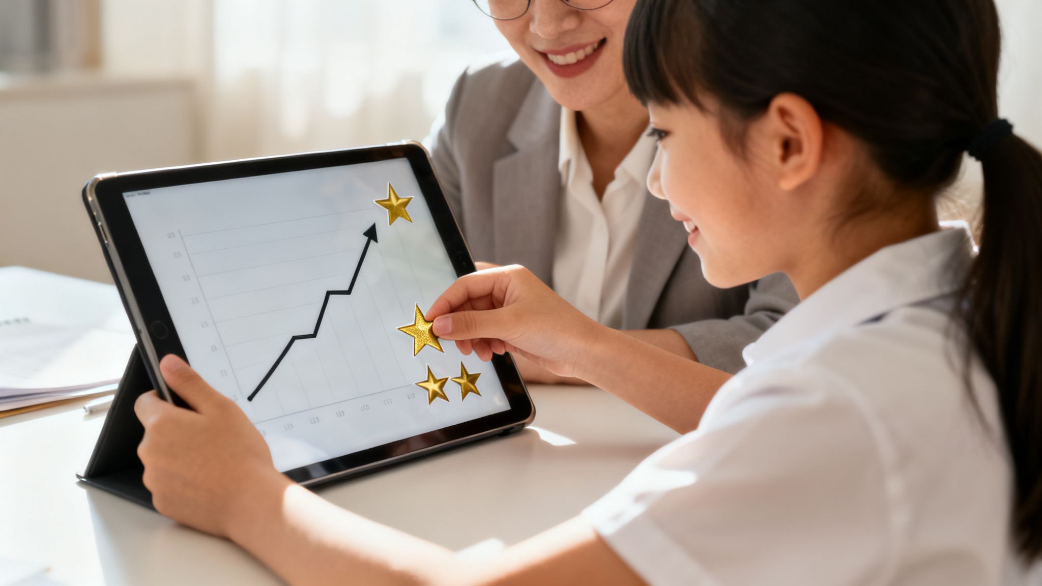 A smiling student and tutor place golden stars on a digital graph, showing progress on a tablet.