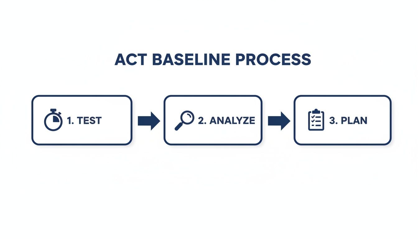 ACT Baseline Process flowchart with three steps: 1. Test, 2. Analyze, 3. Plan, each with an icon.