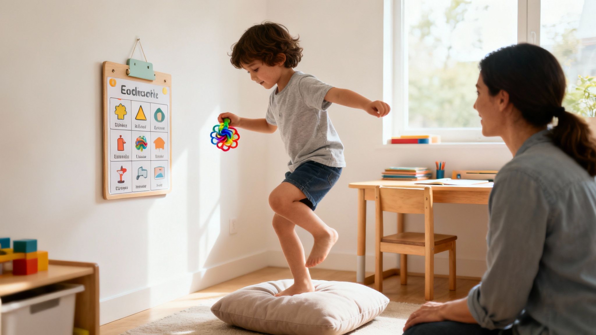 A young boy balances on a floor cushion with a colorful toy, supervised by a woman in a bright room.