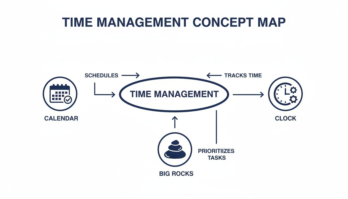A time management concept map connecting calendar, big rocks, and clock with associated actions.