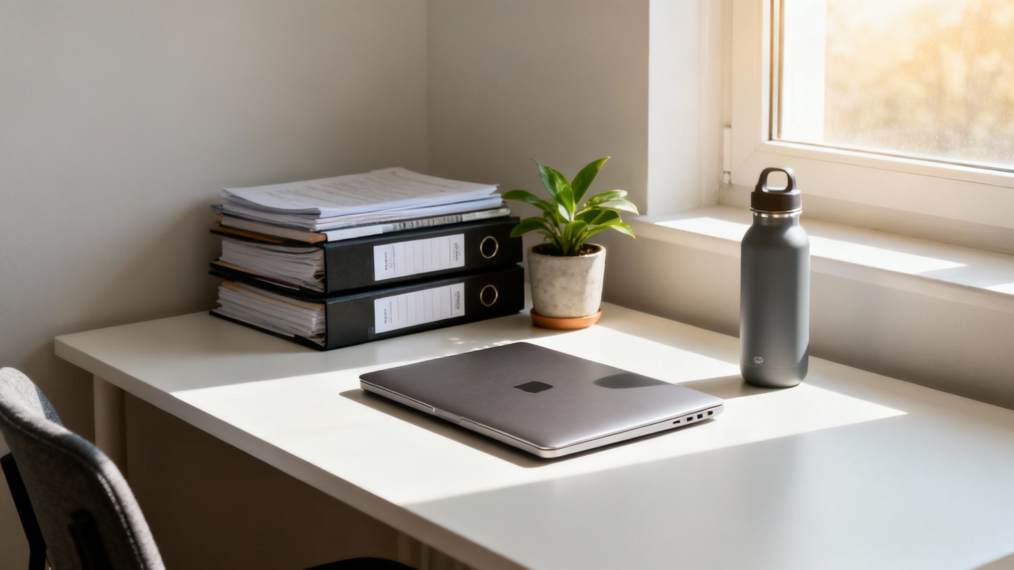 A clean study desk with a closed laptop, binders, a plant, and a water bottle by a sunny window.
