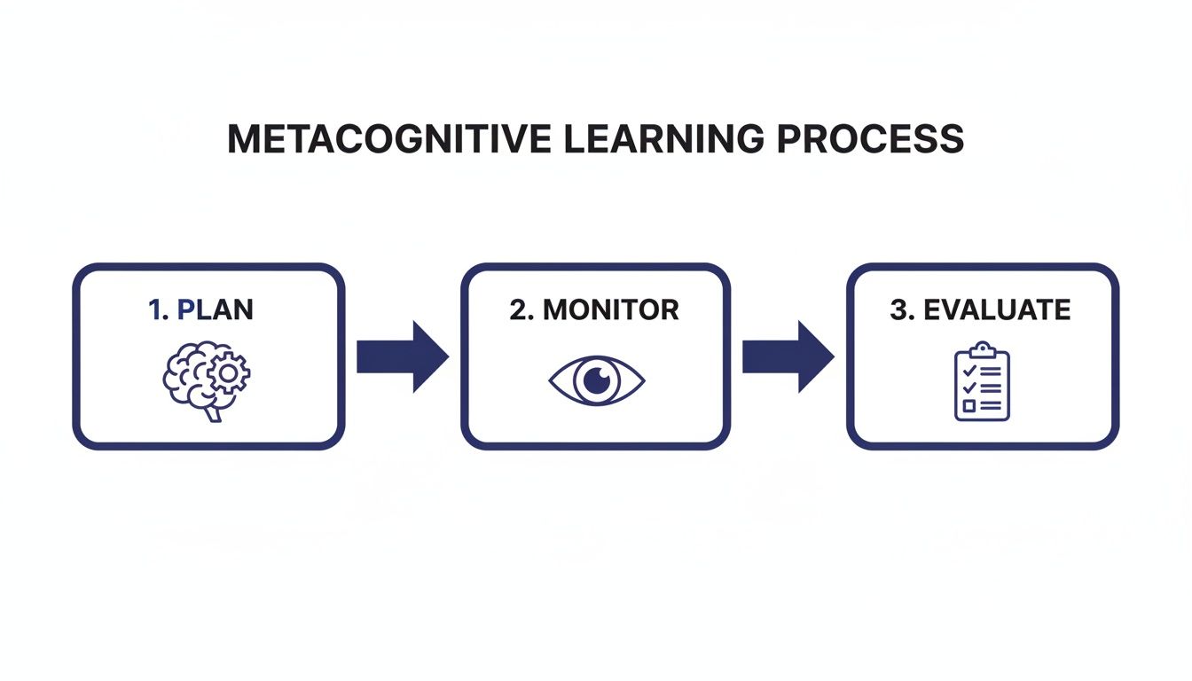 Flowchart illustrating the metacognitive learning process with three sequential steps: plan, monitor, and evaluate.