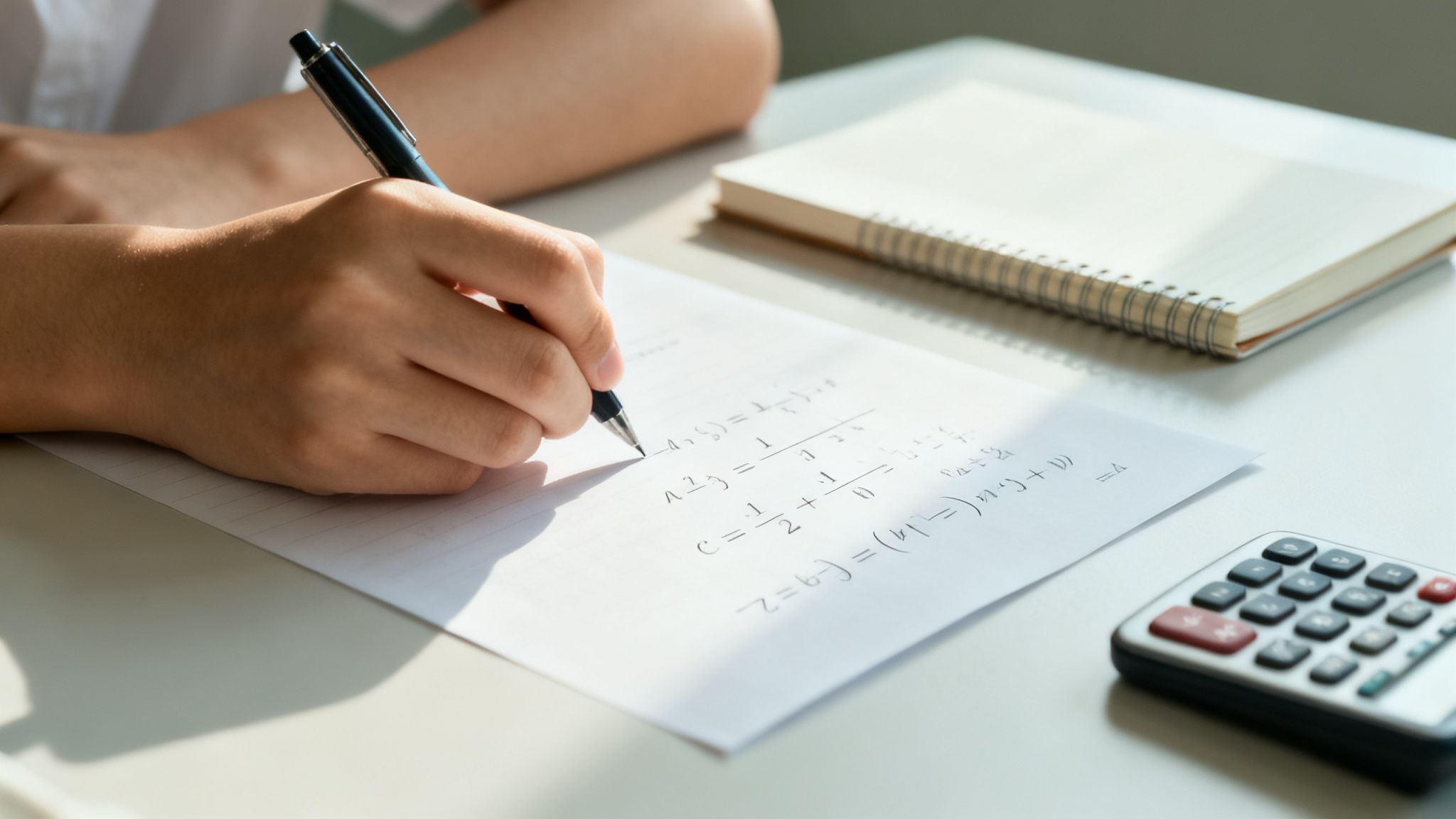 Close-up of hands writing math equations on paper with a pen, next to a calculator.