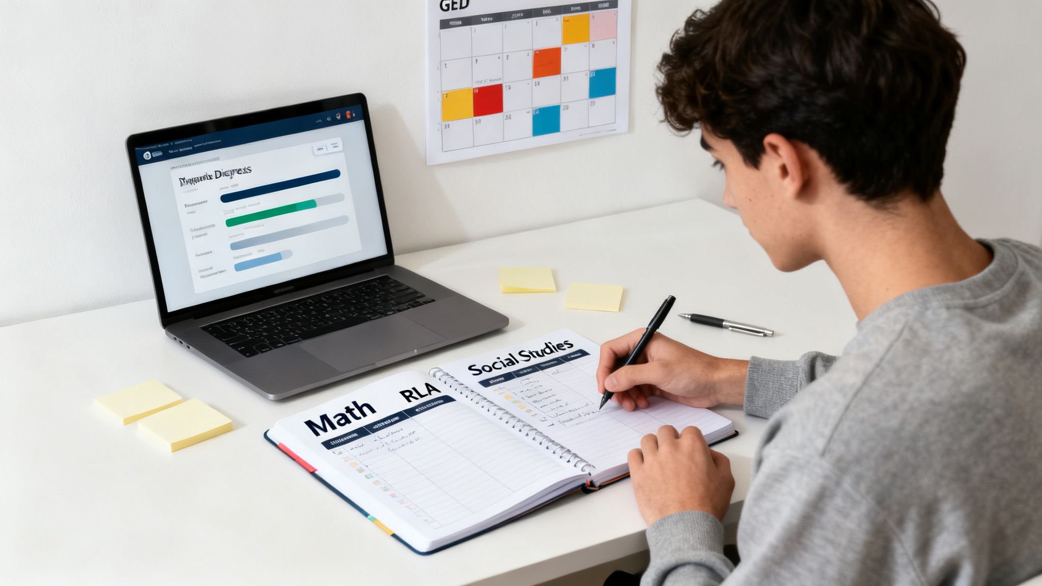 A student focused on studying, writing in a notebook next to a laptop displaying progress data.